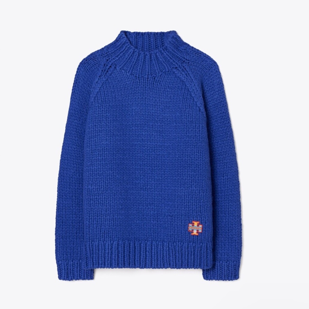 Tory Burch Speckled Hand Knit Mockneck Sweater.  Slalom Blue.  Womens Size L.